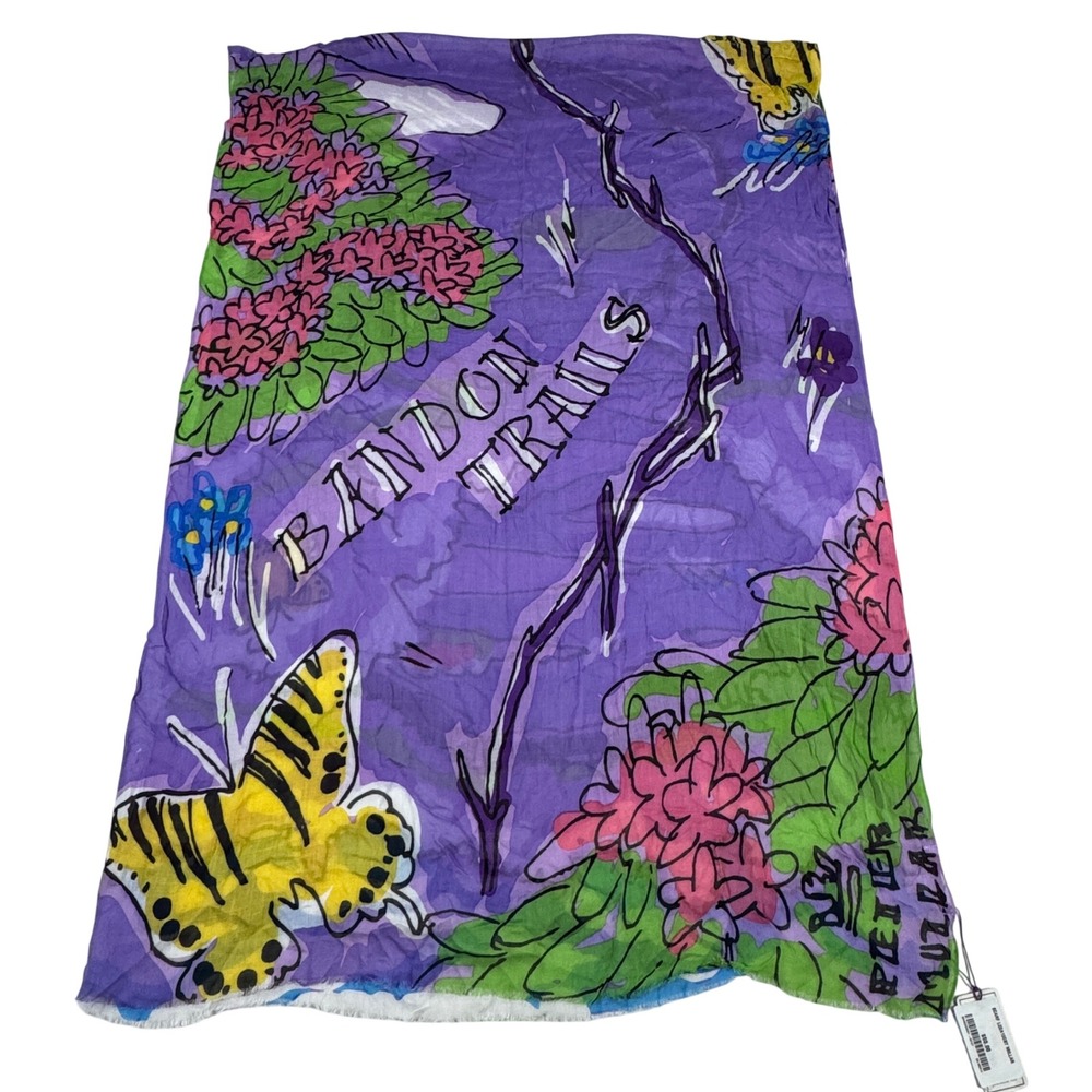 Peter Millar Bandon Trails Scarf Purple Floral Butterfly Viscose Boho Whimsical